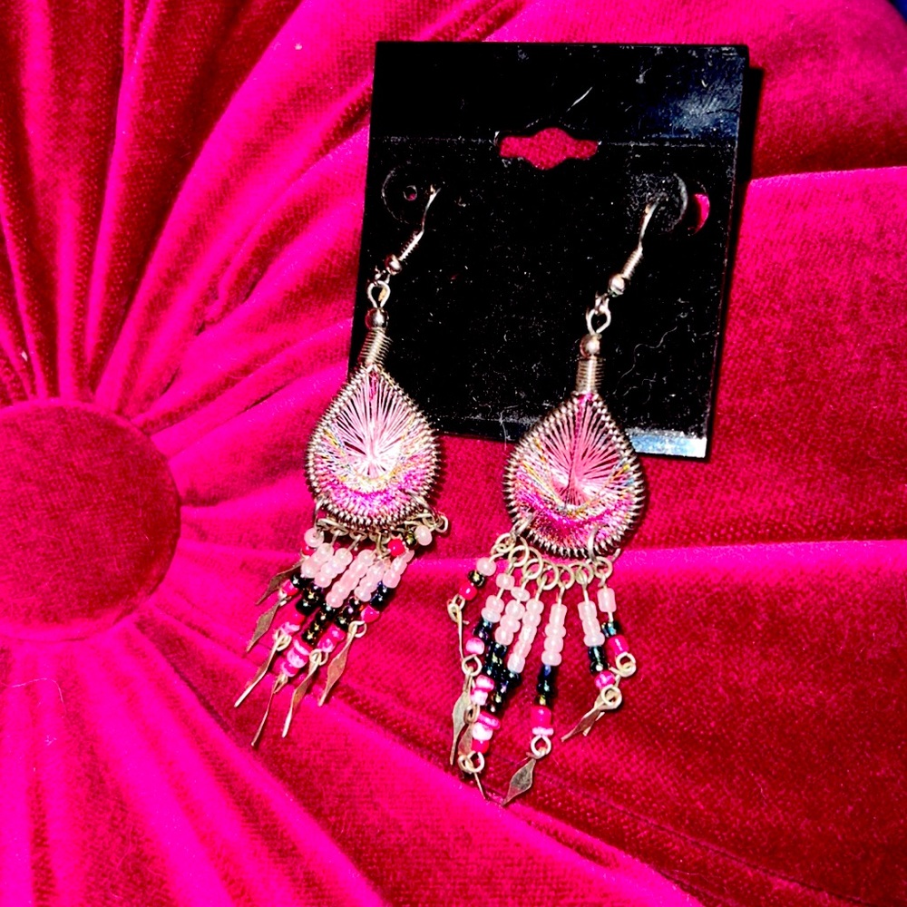 Pink Dreamcatcher Beaded Earrings